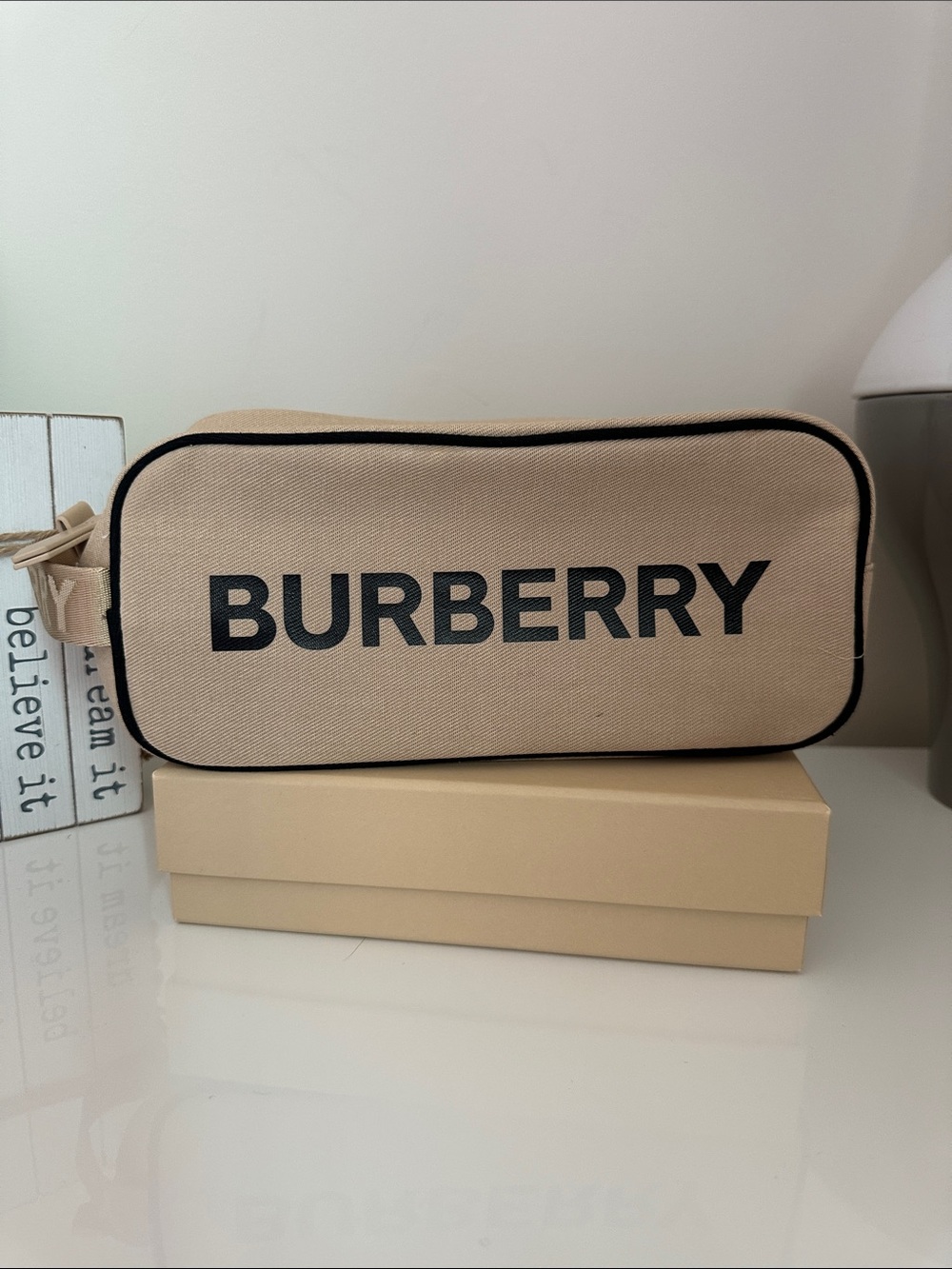 Burberry Beige Canvas Toiletry Pouch with Black Logo